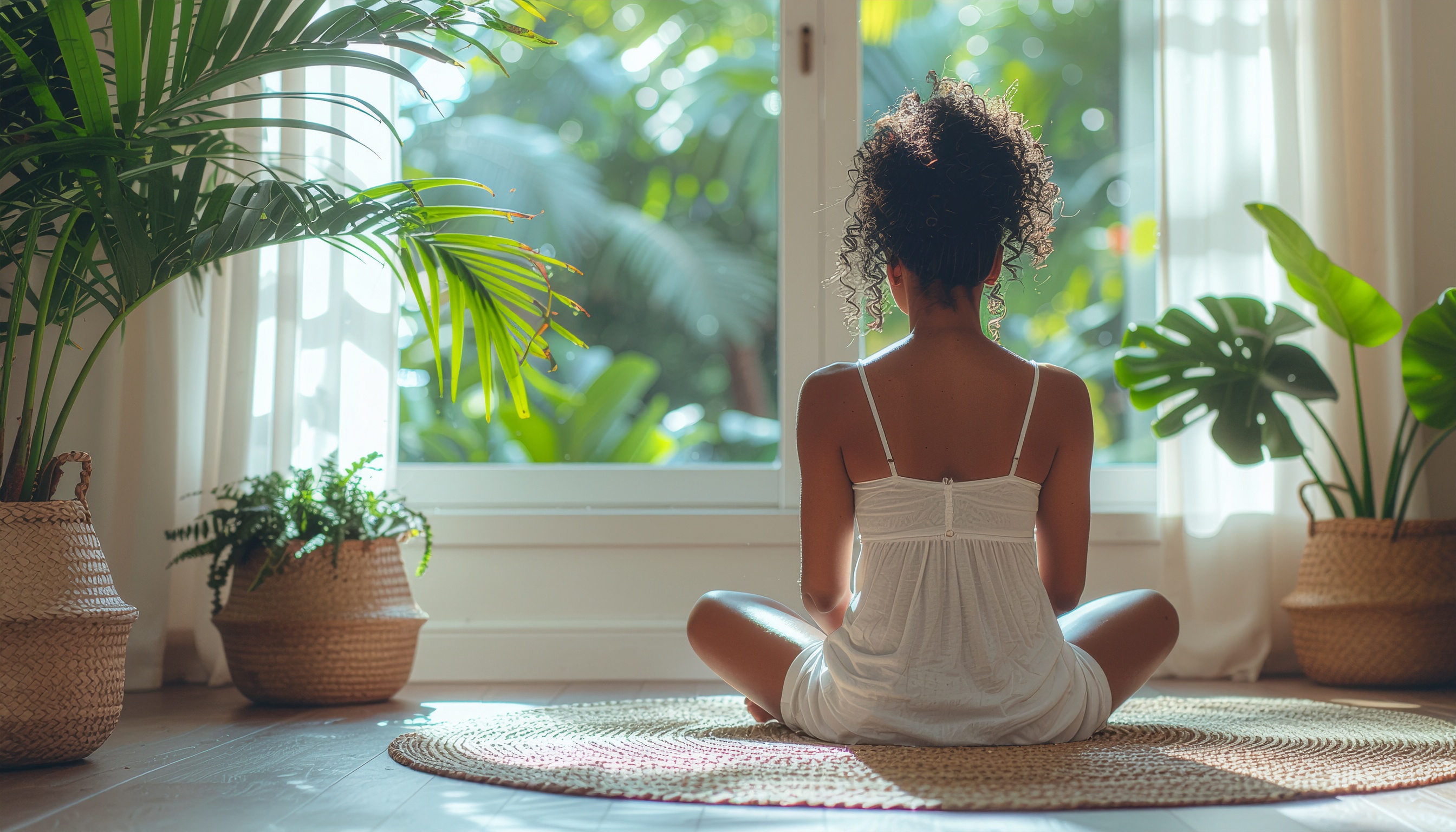 Person Meditating in Sunlit Indoor Space
